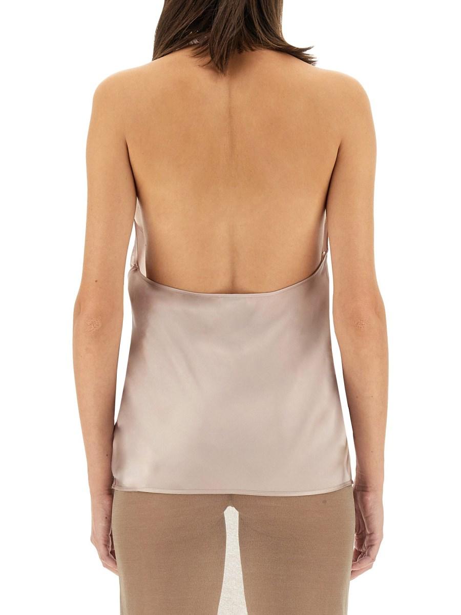 SAINT LAURENT TOP CON SCOLLO ALL'AMERICANA IN CHARMEUSE DI SETA E PIZZO