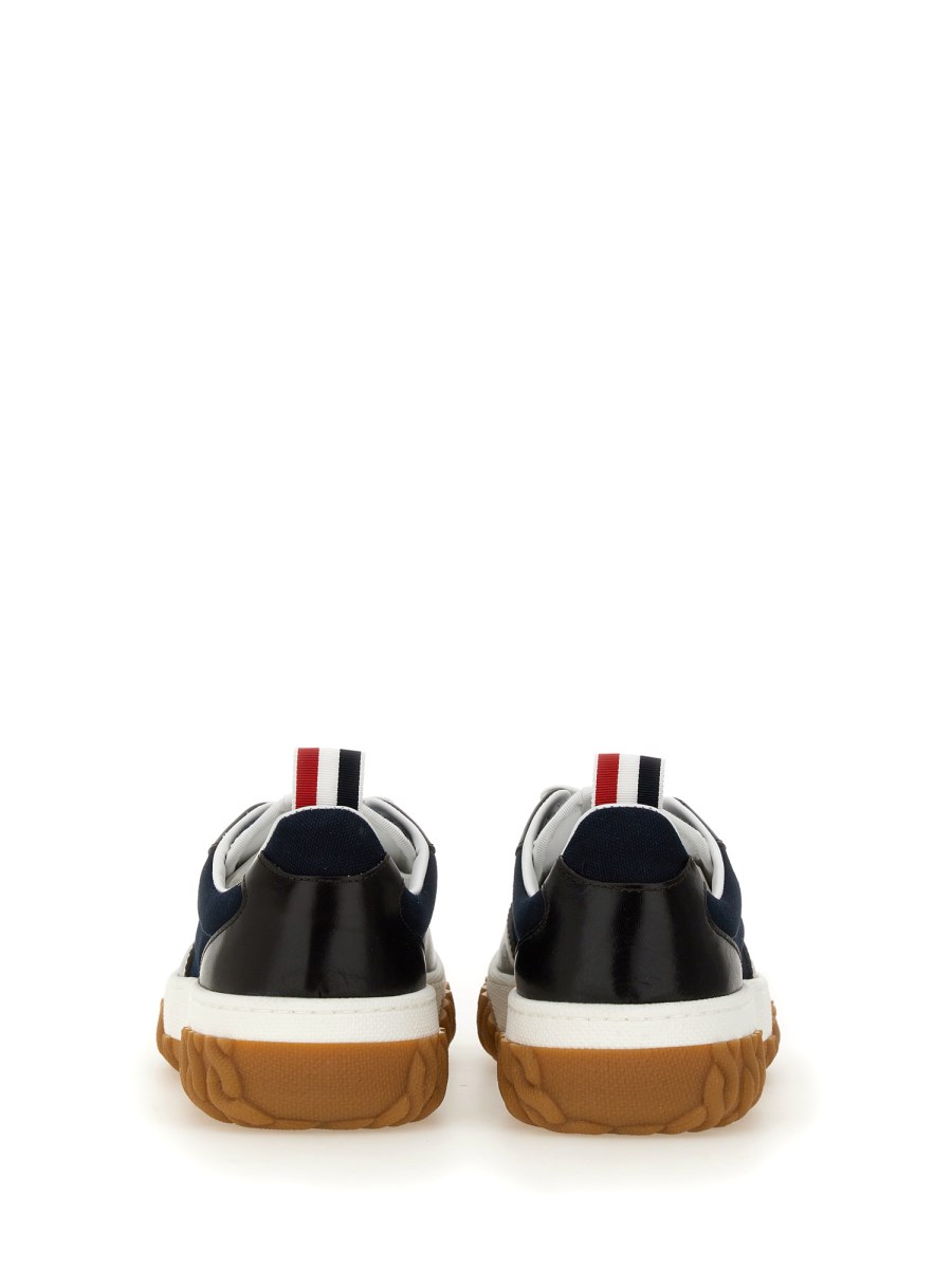 THOM BROWNE TRAINER LETTERMAN CON SUOLA CABLE KNIT IN CANVAS E PELLE