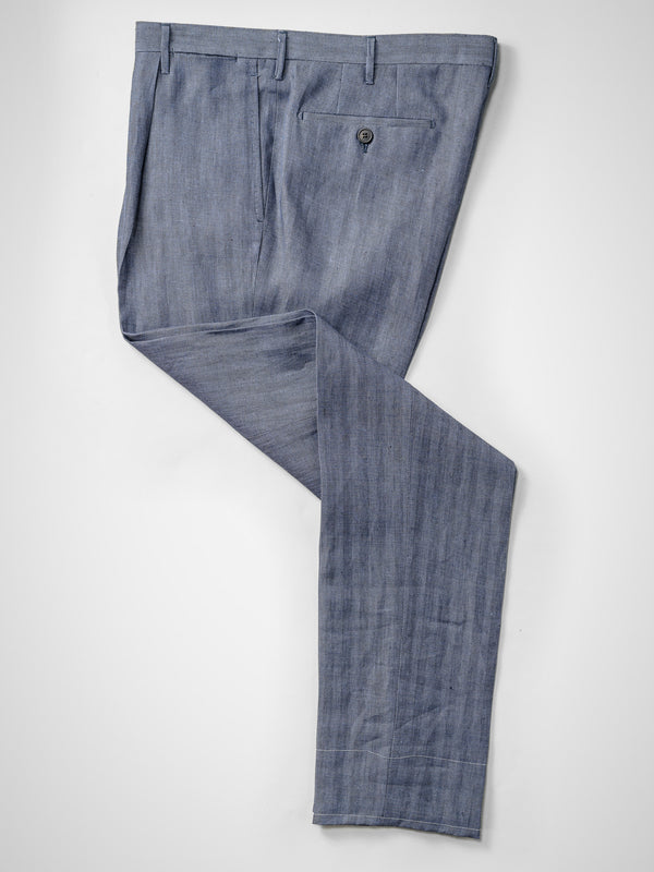 Rota Summer Medium Blue Herringbone Pair Of Regular Fit Linen Trousers