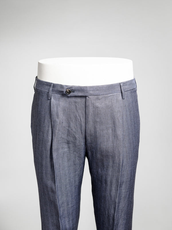 Rota Summer Medium blue herringbone pair of regular fit linen trousers