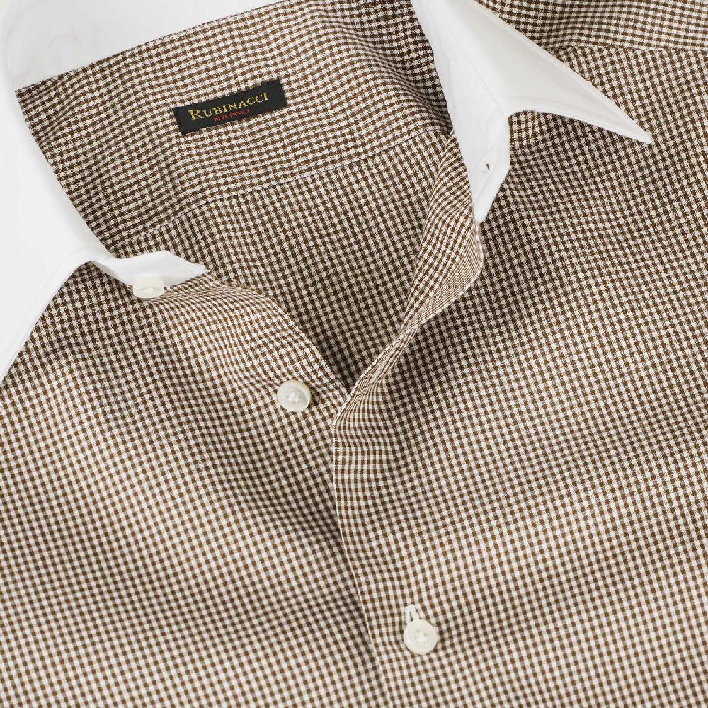 Rubinacci Camicia Con Collo Bianco Quadretto Marrone