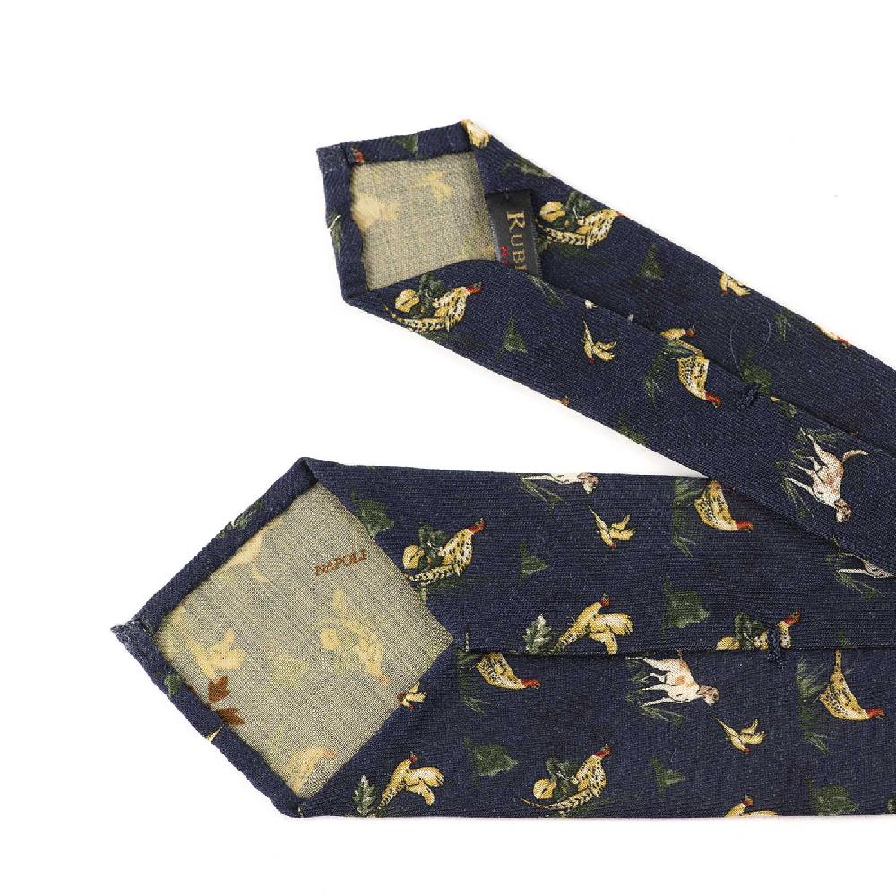 Rubinacci Cravatta In Twill Di Lana Blu Con Stampa Cane