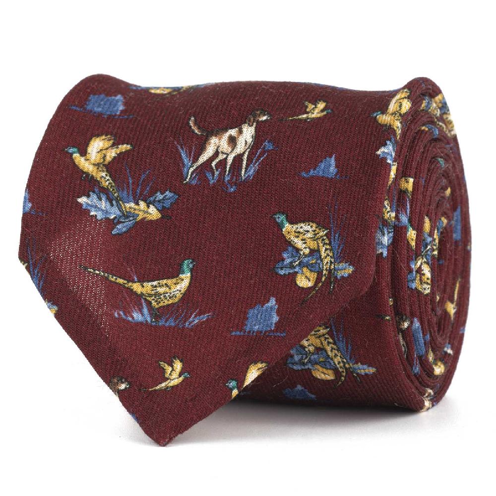 Rubinacci Cravatta in twill di lana bordeaux con stampa cane