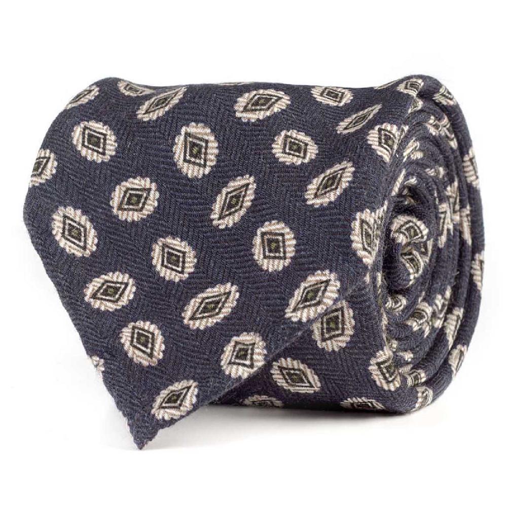 Rubinacci Cravatta in twill di lana con stampa rombi blu navy
