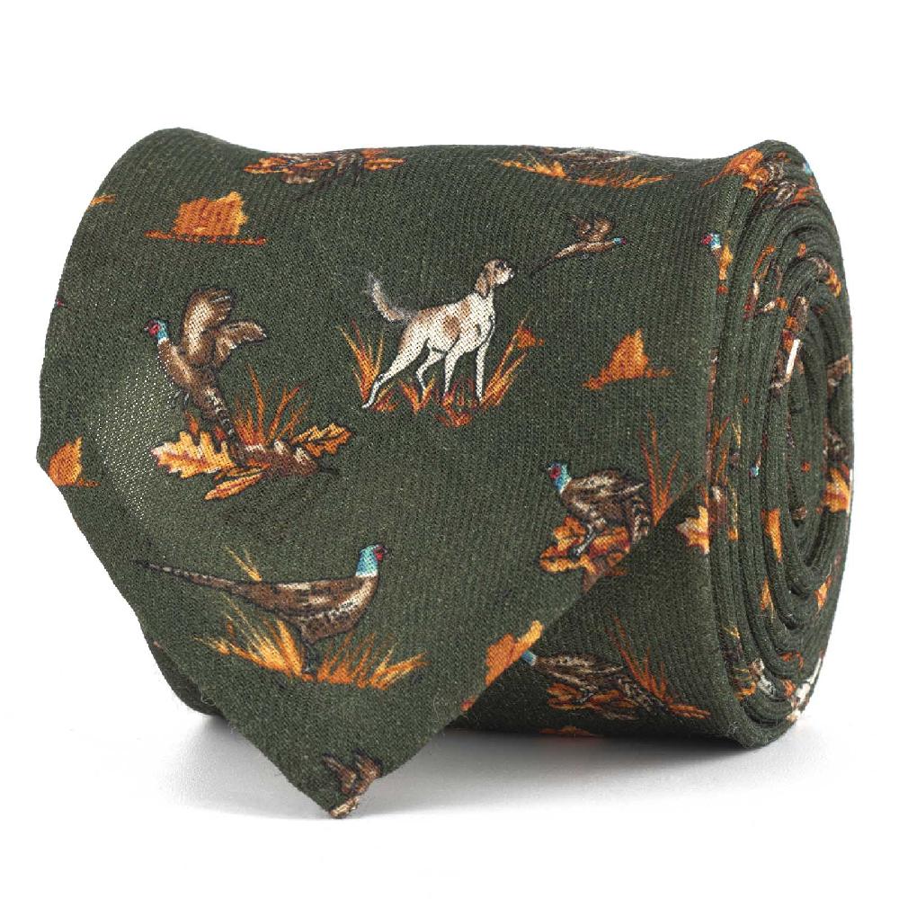 Rubinacci Cravatta in twill di lana verde con stampa cane