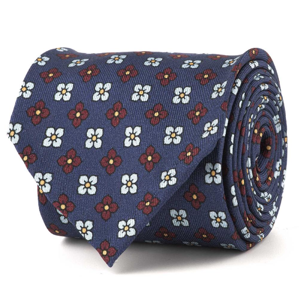Rubinacci Cravatta in twill di seta blu con stampa floreale