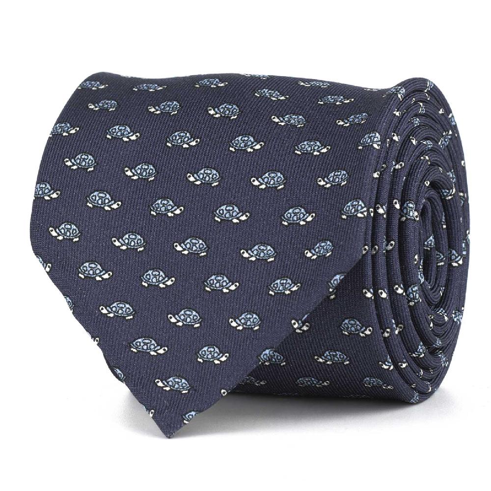 Rubinacci Cravatta in twill di seta con stampa tartaruga azzurra