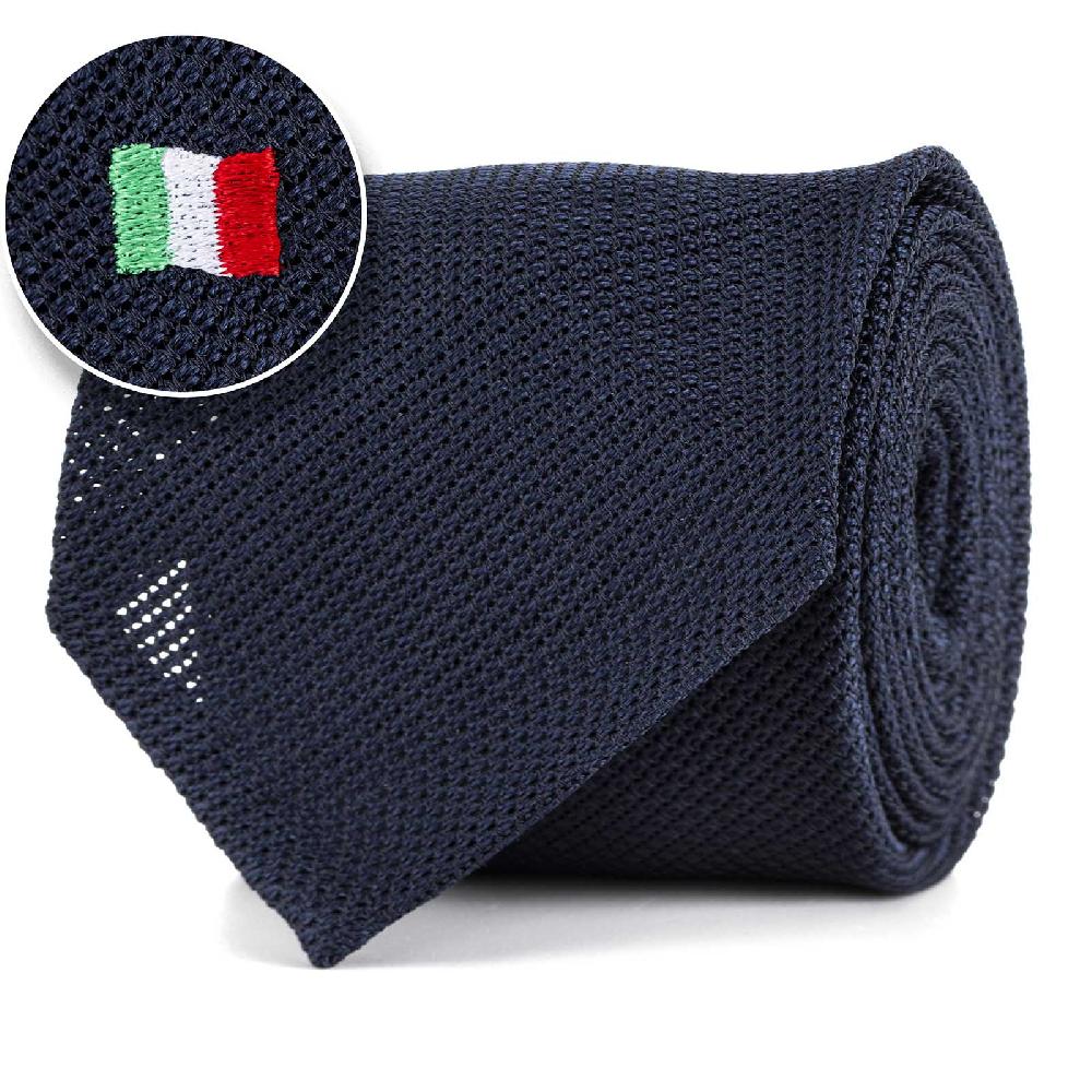 Rubinacci Cravatta Limited Edition in garza di seta blu con bandiera Italia