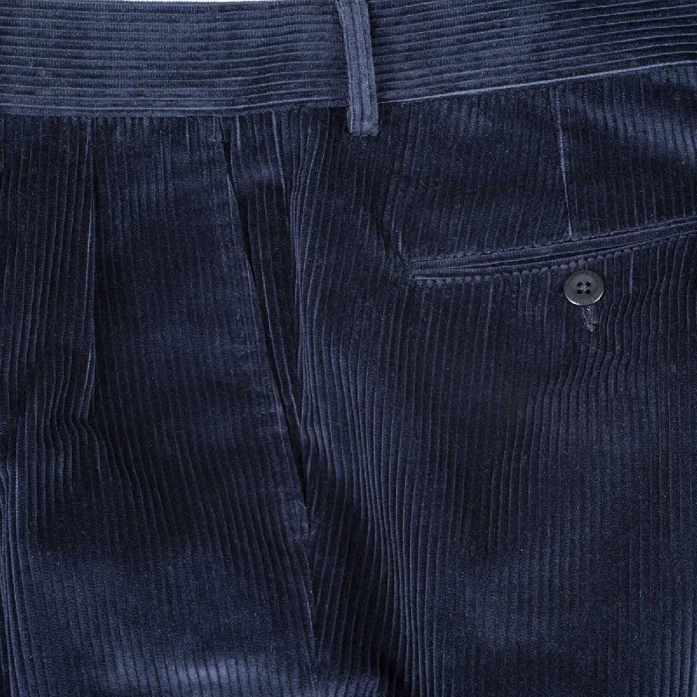 Rubinacci Pantalone 2 Pinces In Velluto A Coste Blu Notte