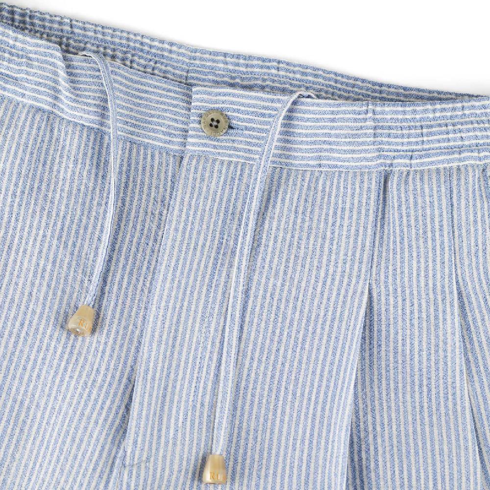 Rubinacci Pantalone Leisure In Lana E Seta Rigato Celeste
