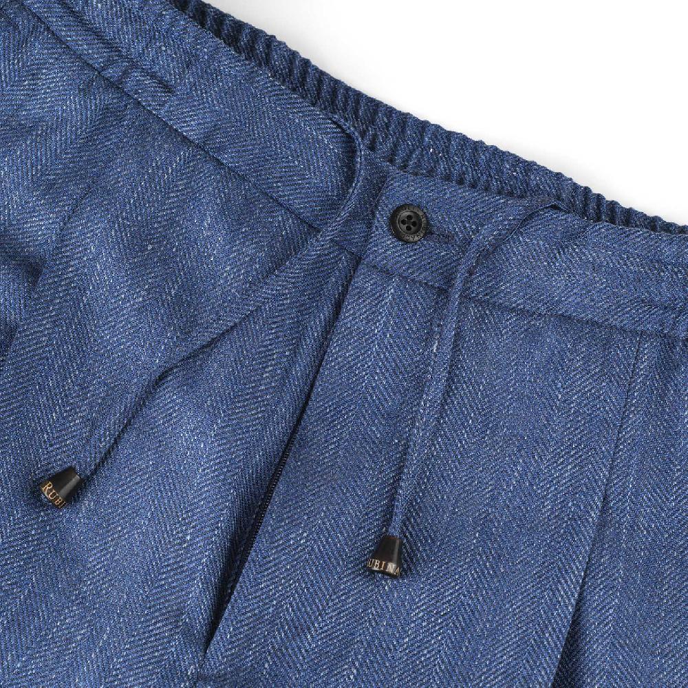 Rubinacci Pantalone Leisure In Lana E Seta Spigato Blu