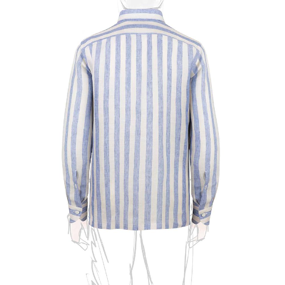 Rubinacci Polo In Lino Rigato Azzurro