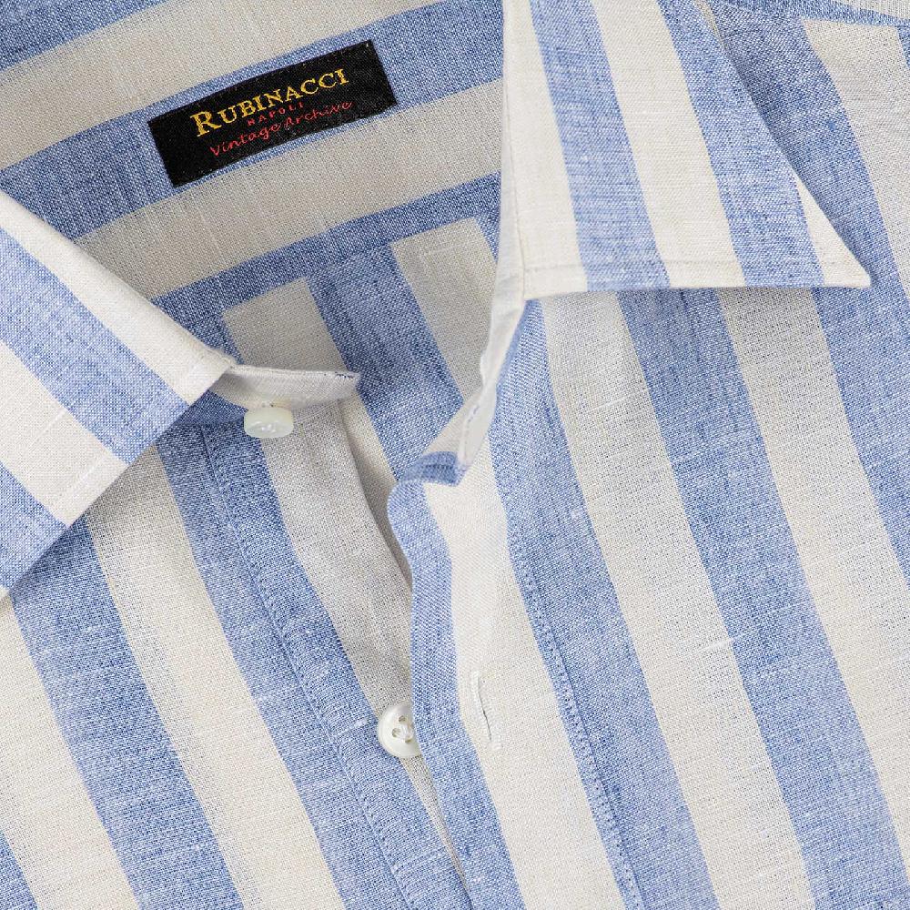 Rubinacci Polo In Lino Rigato Azzurro