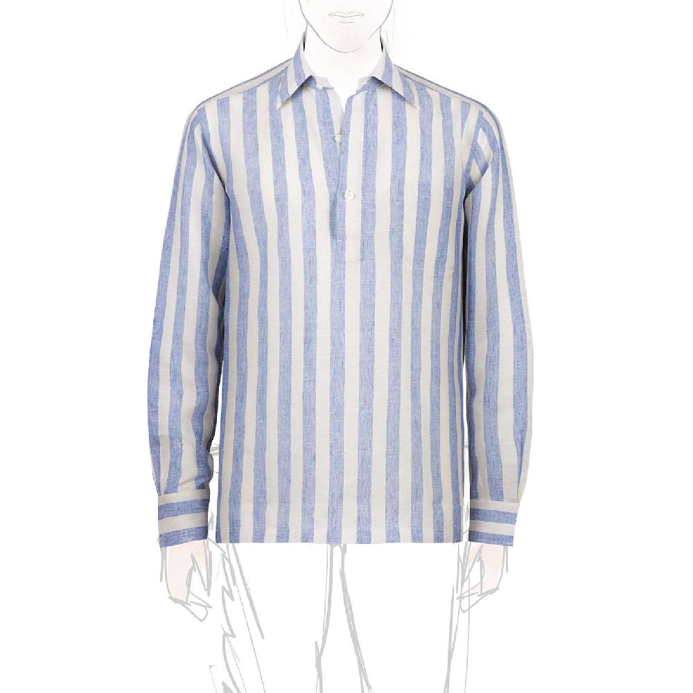 Rubinacci Polo in lino rigato azzurro