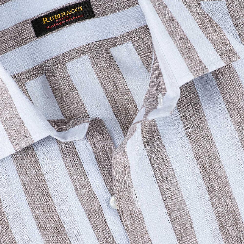 Rubinacci Polo In Lino Rigato Nocciola