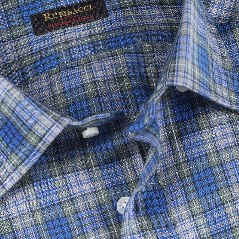 Rubinacci Vintage Archive Camicia In Lino Verde E Blu