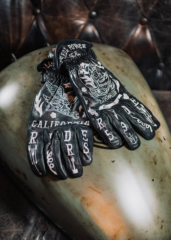 Rude Riders Guanti moto in pelle Tattoo Black