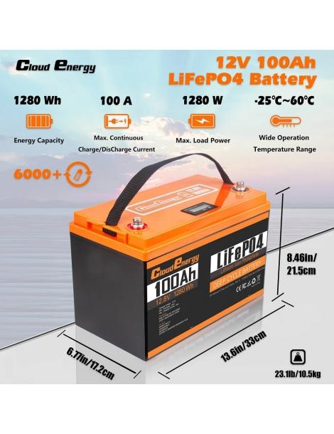 Cloudenergy 12V 100Ah LiFePO4 Battery Pack 1280Wh Di Energia 6000+ Cicli BMS Integrato 100A Supporto Serie/parallelo