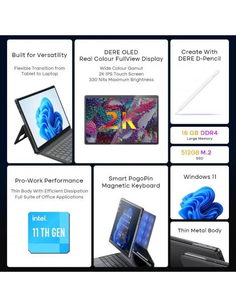 DERE T30 PRO 2-in-1 Laptop 13 Pollici 2K IPS Touch Screen Tablet PC/Tastiera Magica Penna Stilo 16GB DDR4 512GB SSD - Verde
