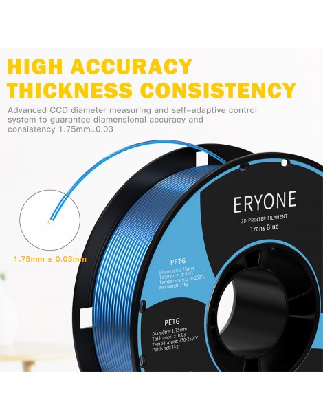 ERYONE PETG Filamento Per Stampante 3D 1 75mm Tolleranza 0 03mm 1KG(2.2LBS)/Spool - Blu Trasparente