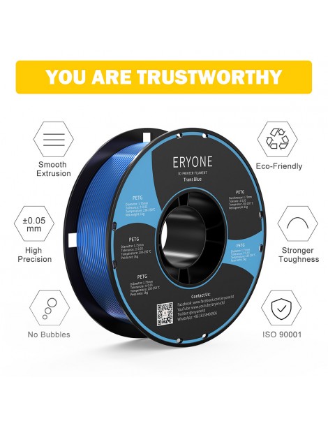 ERYONE PETG Filamento Per Stampante 3D 1 75mm Tolleranza 0 03mm 1KG(2.2LBS)/Spool - Blu Trasparente