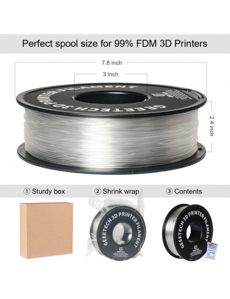 Filamento PLA Geeetech Per Stampante 3D Precisione Dimensionale 1 75 Mm /- 0 03 Mm Bobina Da 1 Kg (2 2 Libbre) - Trasparente