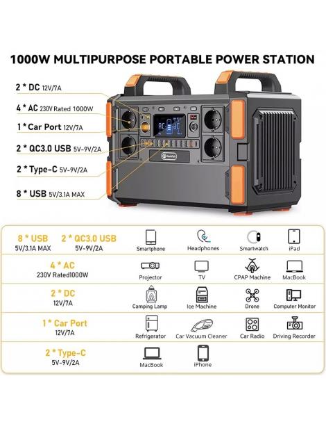 Generatore Solare Portatile Flashfish F132 1041.6Wh/1000W Batteria LiFePo4 Uscita 230V AC 19 Uscite Versione UE