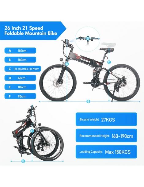 Kaisda K1 Ciclomotore Elettrico Pieghevole Pneumatico Da 26 Pollici Motore Da 500W Batteria Agli Ioni Di Litio Da 10Ah - Nero