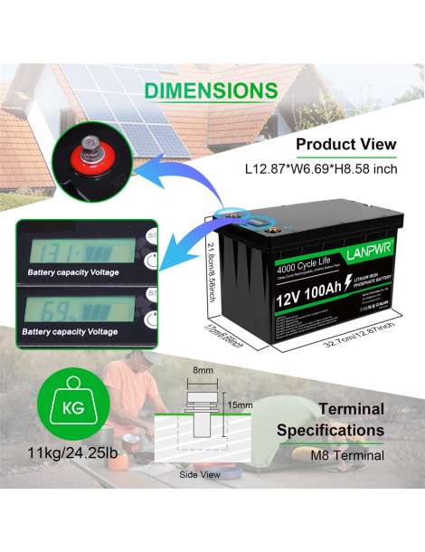 LANPWR Batteria Di Backup 12V 100Ah LiFePO4 1280Wh Di Energia 4000 Cicli Profondi