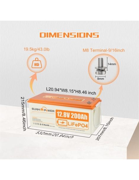 SUNHOOPOWER 12V 200Ah LiFePO4 Batteria Energia 2560Wh BMS 100A Integrato Potenza Di Carico Max. 1280W IP68