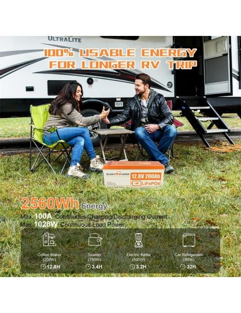 SUNHOOPOWER 12V 200Ah LiFePO4 Batteria Energia 2560Wh BMS 100A Integrato Potenza Di Carico Max. 1280W IP68