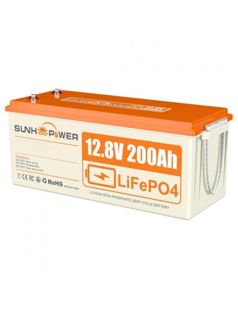 SUNHOOPOWER 12V 200Ah LiFePO4 Batteria energia 2560Wh BMS 100A integrato potenza di carico max. 1280W IP68