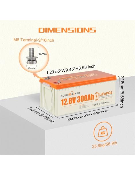 SUNHOOPOWER 12V 300Ah LiFePO4 Batteria Energia 3840Wh BMS 200A Integrato Potenza Di Carico Max. 2560W IP68