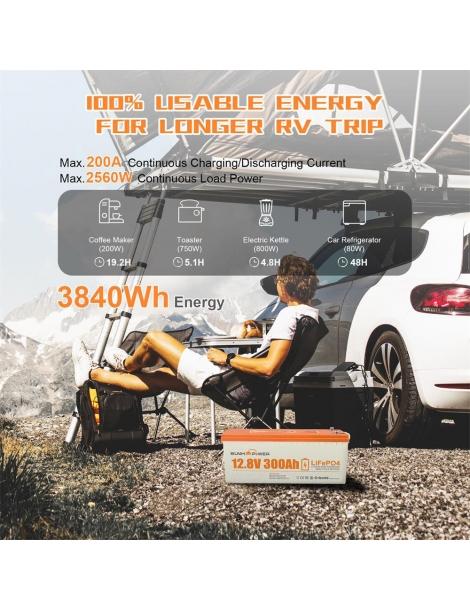 SUNHOOPOWER 12V 300Ah LiFePO4 Batteria Energia 3840Wh BMS 200A Integrato Potenza Di Carico Max. 2560W IP68