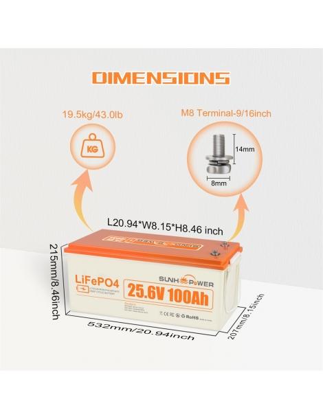 SUNHOOPOWER 24V 100Ah LiFePO4 Batteria Energia 2560Wh BMS 100A Integrato Potenza Di Carico Max. 2560W IP68