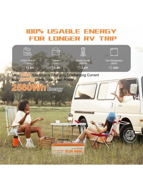 SUNHOOPOWER 24V 100Ah LiFePO4 Batteria Energia 2560Wh BMS 100A Integrato Potenza Di Carico Max. 2560W IP68