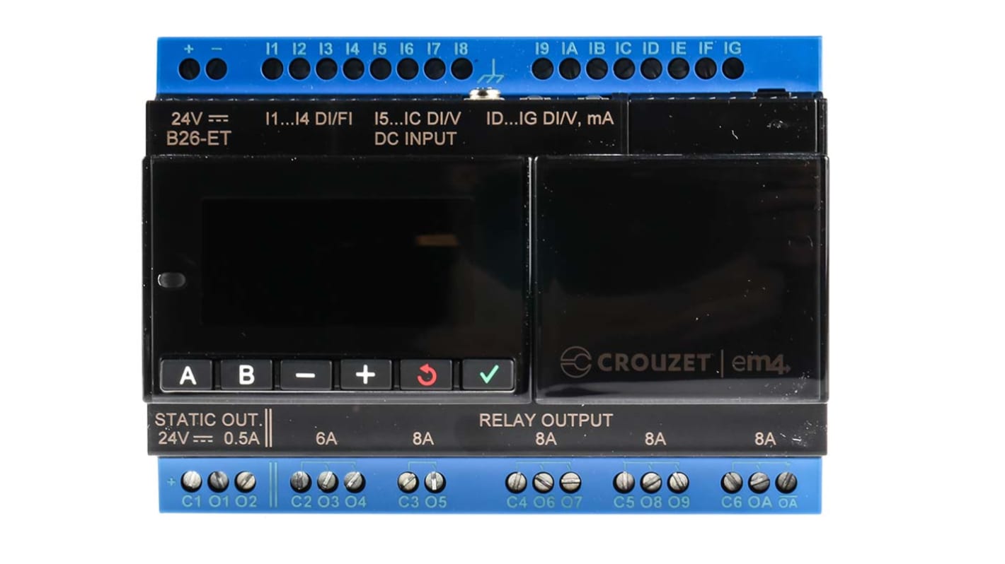 Rs-Online CPU PLC Crouzet Em4 Ingressi: 12 (analogico/digitale) 4 (digitale) Uscite: 2 (PWM) 8 (Relè) 24 V C.c