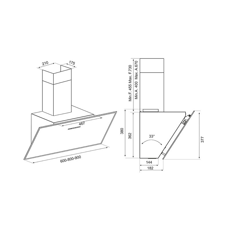 AirForce F203 BL/A/90 Cappa Cucina A Parete 700 M3/h 90 Cm - ACCIAIO E VETRO NERO