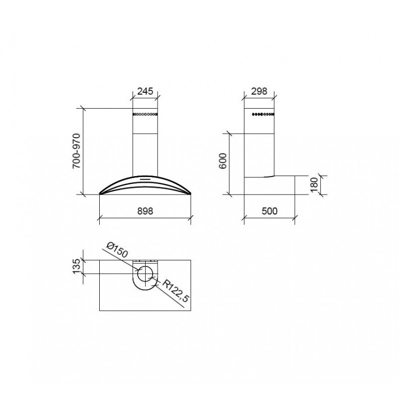 Baraldi ARCADIA Cappa A Parete Cm 90 - Motore 900 M3/h - Inox/vetro