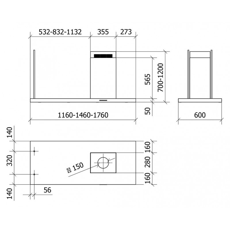 Baraldi Cappa Cucina Ad Isola Elea 146 Cm Con Camino A Sinistra Inox 900 M3/h