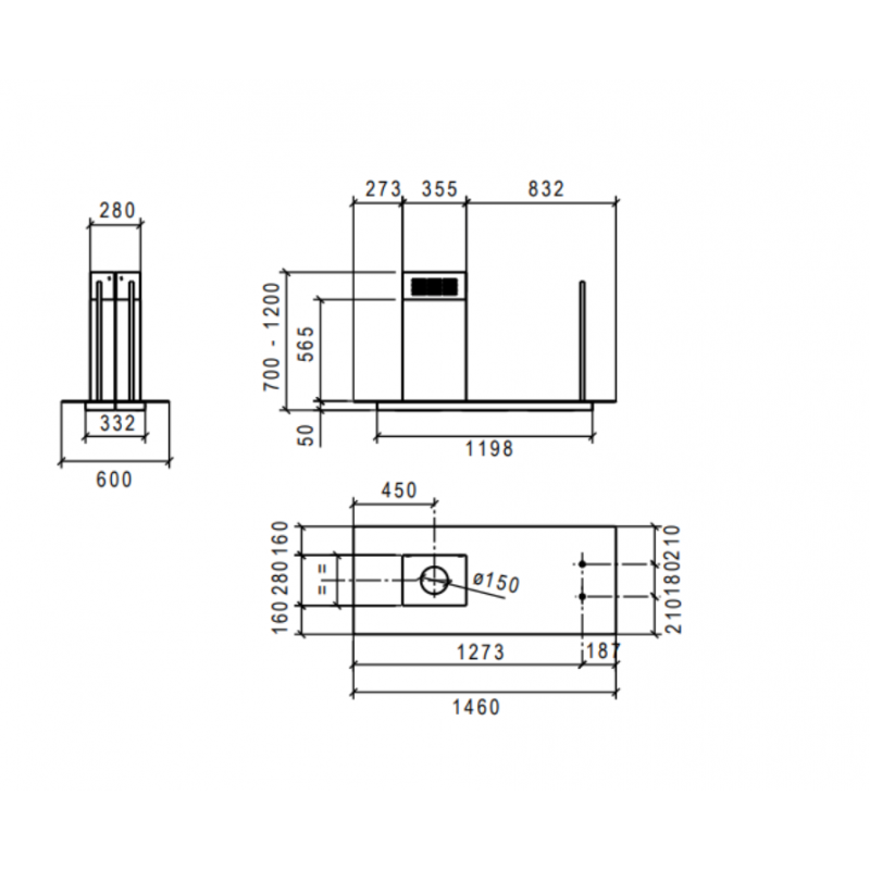 Baraldi Cappa Cucina Ad Isola Elea GLASS 146 Cm Con Camino A Destra Inox 800 M3/h
