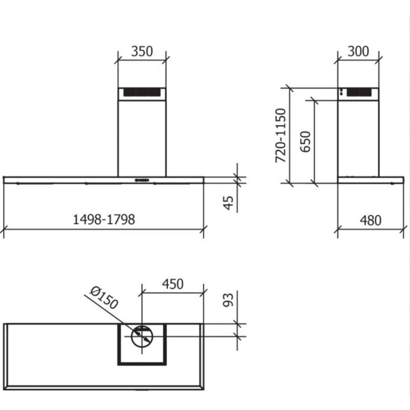 Baraldi ELEA PARETE Cappa Cucina Ad Isola 150 Cm Camino Dx - Motore 800 M3/h - Inox