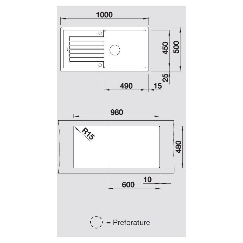 BLANCO 1526024 LAVELLO ZIA XL 6 S  1 Vasca+gocciolatoio Dimensione 1000x500 Mm Silgranit  nero