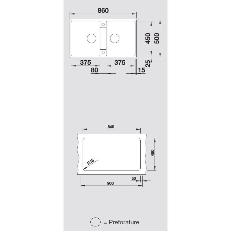 BLANCO 1526029 LAVELLO ZIA 9  2 Vasche Dimensione Intaglio 860x500 Mm Silgranit  nero