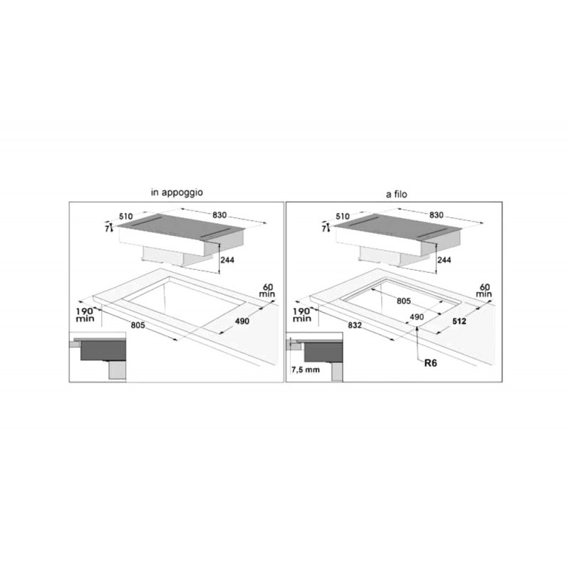 DIAMOND LUXOR Piano Cottura A Induzione 83 Cm 6 8Kw - Con Cappa Integrata Da 700 M3/h - Vetroceramica Nero