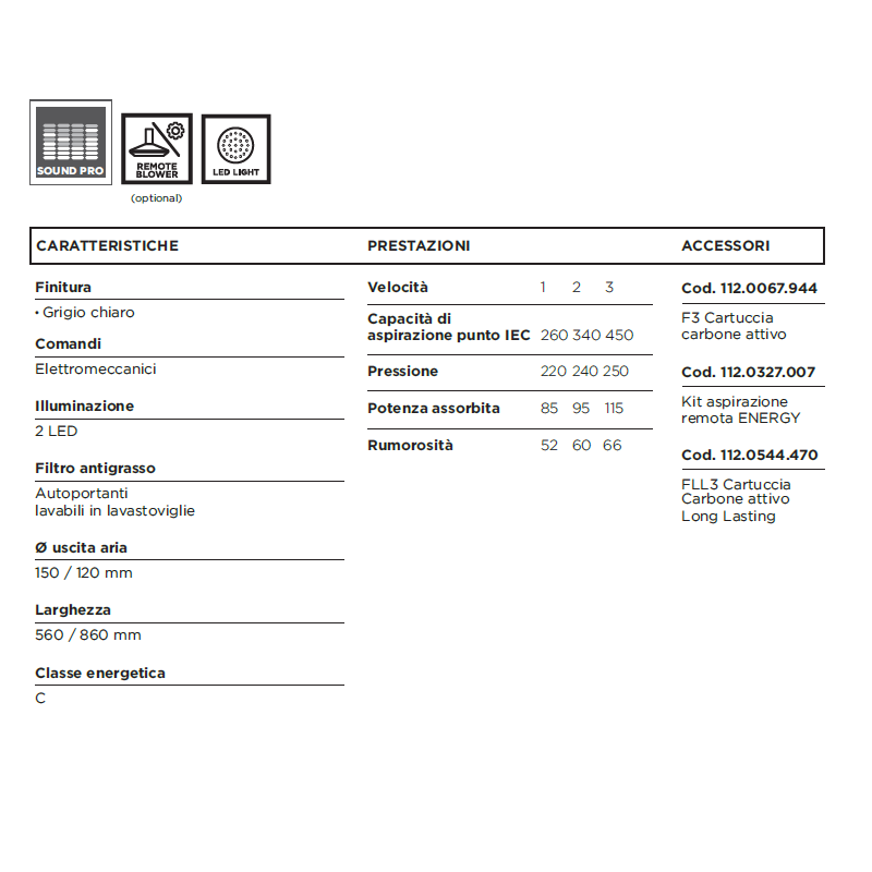 FABER 310.0685.182 Cappa Aspirante Sottopensile 106/35 PLUS SRM LG A86/3  450 M³/h Classe C  Grigio Chiaro