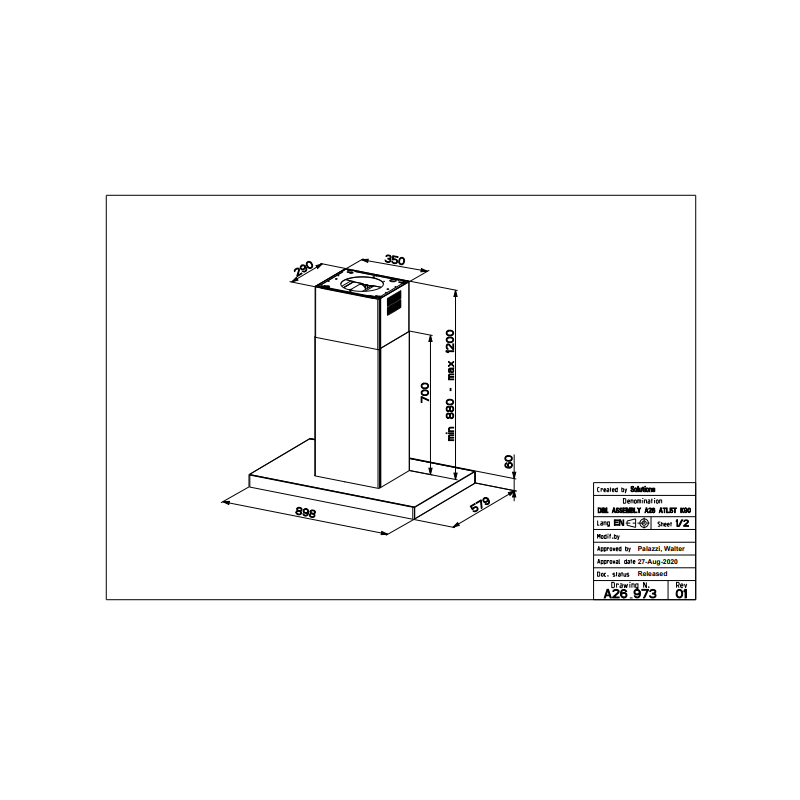 FABER 325.0618.802 Cappa Aspirante A Isola STILO GLASS SMART ISOLA A90  700 M3/h Classe B  Acciaio Inox / Vetro