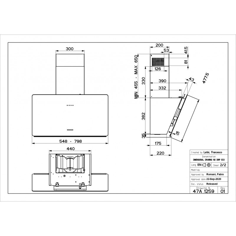 FABER 330.0615.674 Cappa Aspirante A Parete Glam Light Zero Drip 730m³/h Classe B Vetro Sabbia Opaco