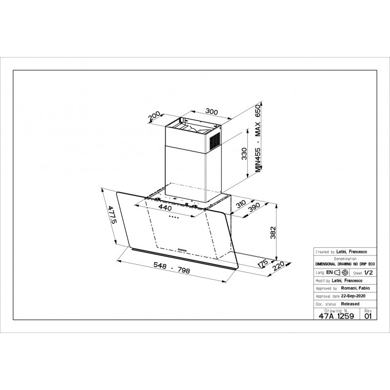 FABER 330.0615.676 Cappa Aspirante A Parete Glam Light Zero Drip Bk A80 730m³/h Classe B Vetro Nero