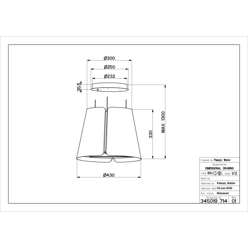FABER 345.0655.177 Cappa Ad Isola BEAT BK MATT F45 720m3/h Classe A Acciaio Inox E Nero Opaco